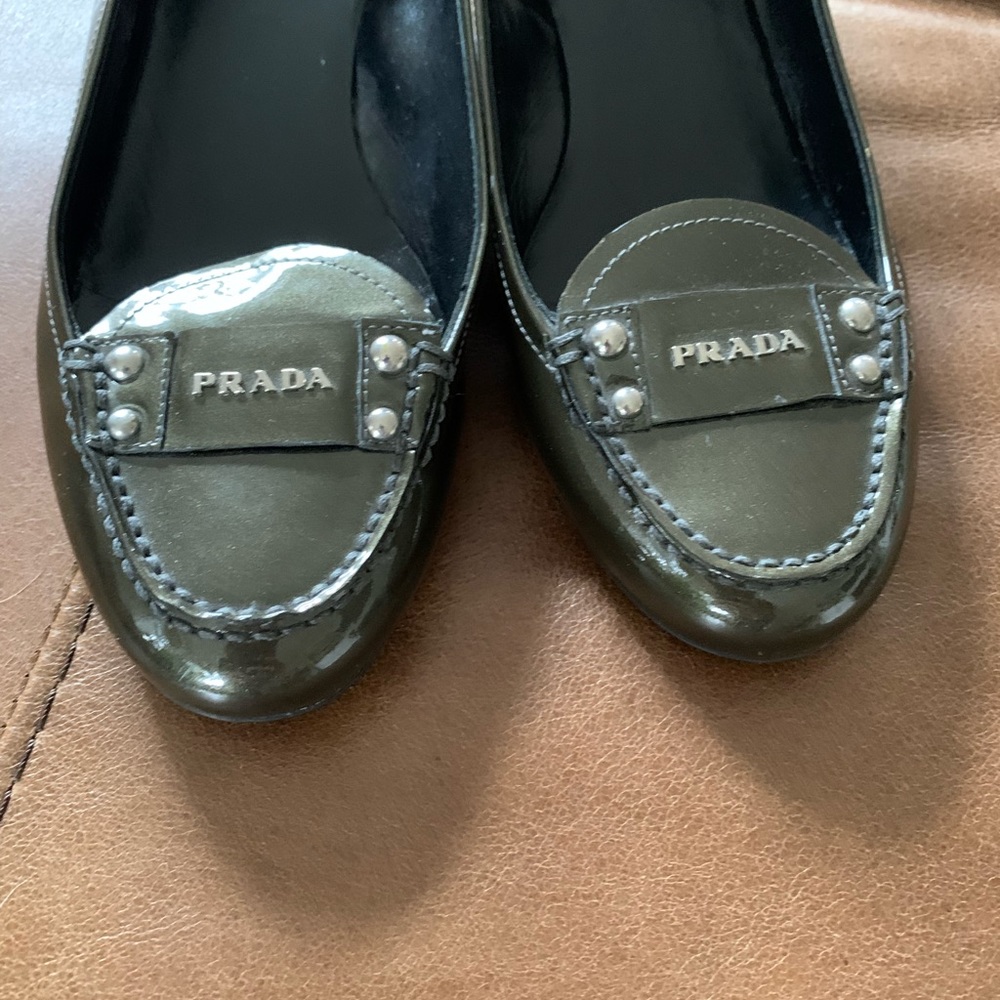 Prada Olive Green Patent Leather Loafers size 7 - Picture 2 of 10